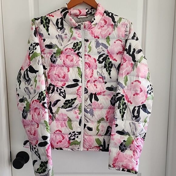 Lands End Packable Puffer Jacket Floral Print Womens Size L Down Filled Coat - Picture 1 of 6